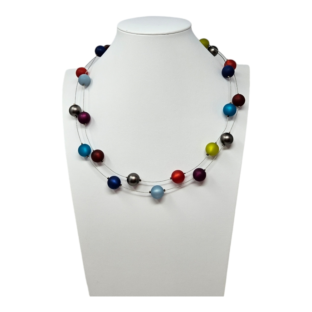 Colorful Long Beaded Necklace Red Blue Green Silver